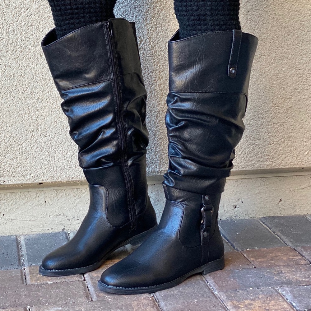 Black Knee High Slouchy Flat Boots Wide Fit Style - Picture 2 of 10